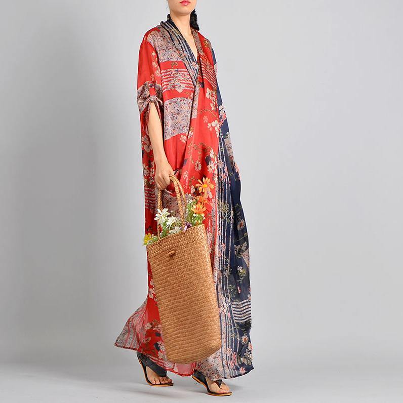 Floral Patchwork Deep V-Neck Kimono Sleeve Wrap Front Maxi Dress