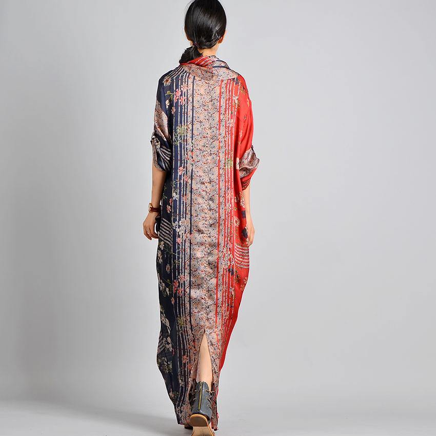 Unique Red Print Silk Blend Robes V Neck Robes Maxi Dress