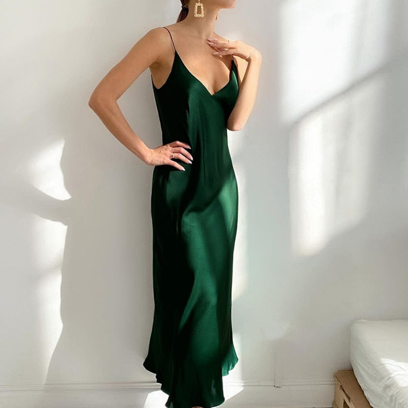 Spaghetti Strap Deep V-Neck Bias Cut Satin Slip Maxi Party Dress