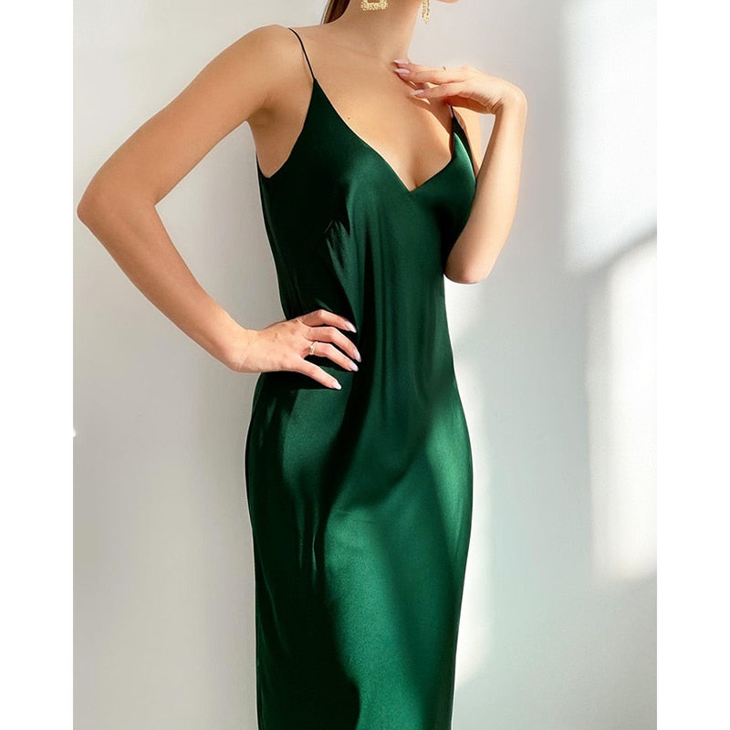 Spaghetti Strap Deep V-Neck Bias Cut Satin Slip Maxi Party Dress