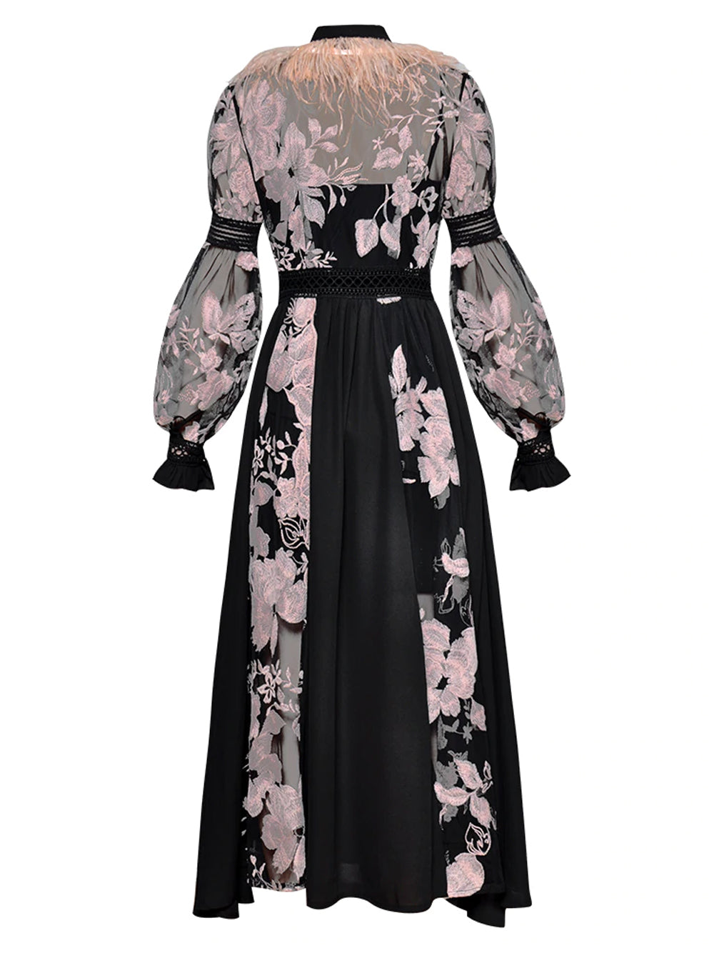 Feather Trim Floral Embroidery Tie Neck Lace Long Sleeve Midi Dress