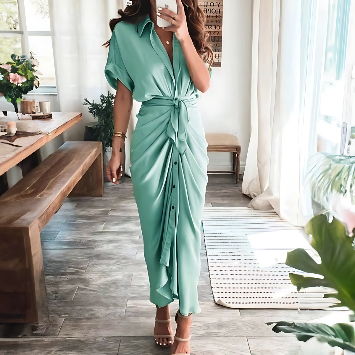 Knit Turtleneck Long Sleeve Midi Dress - View 14