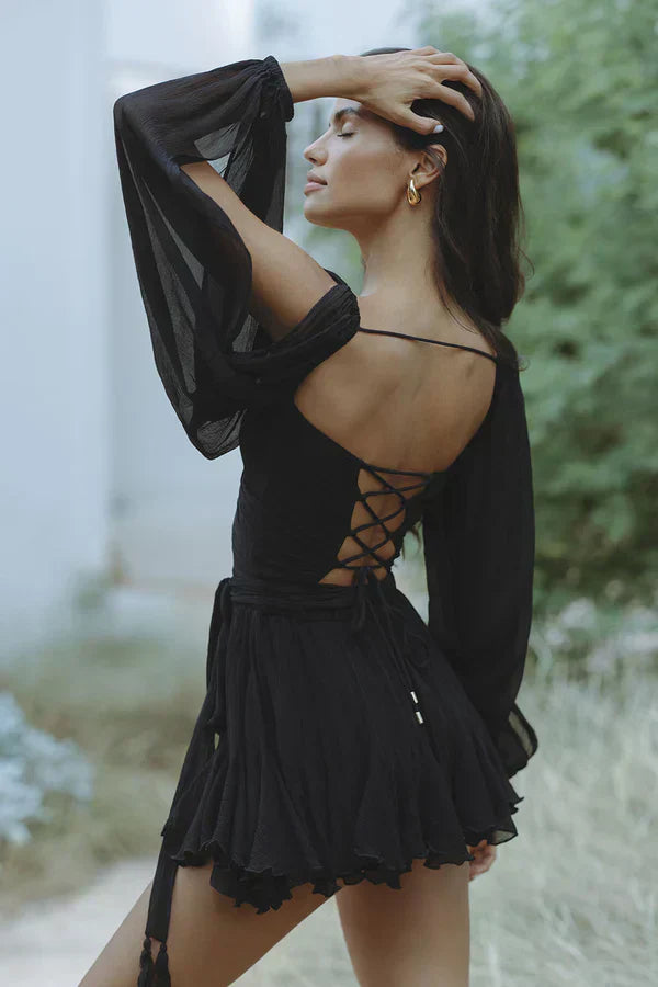 Deep V-Neck Wrap Tie Waist Cape Sleeve Tiered Ruffle Mini Dress