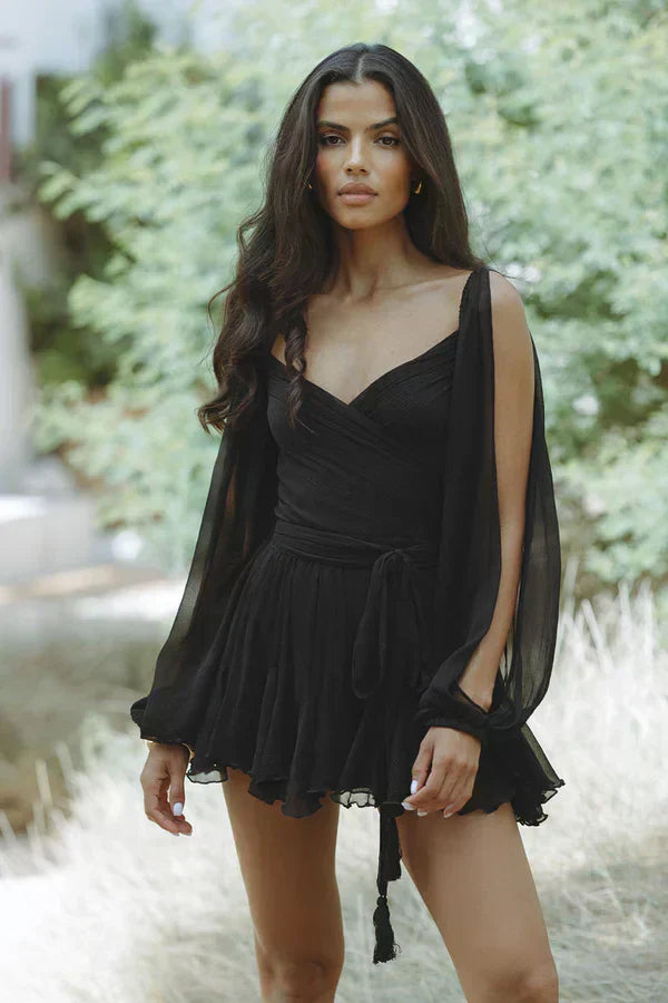Deep V-Neck Wrap Tie Waist Cape Sleeve Tiered Ruffle Mini Dress