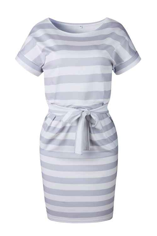 Boat Neck Short Sleeve Belted Tie Waist Patch Pocket Knit Midi Dress