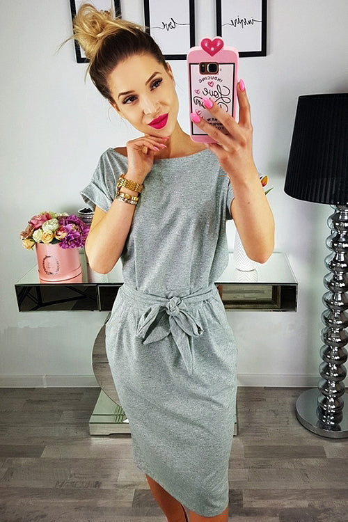 Boat Neck Short Sleeve Belted Tie Waist Patch Pocket Knit Midi Dress