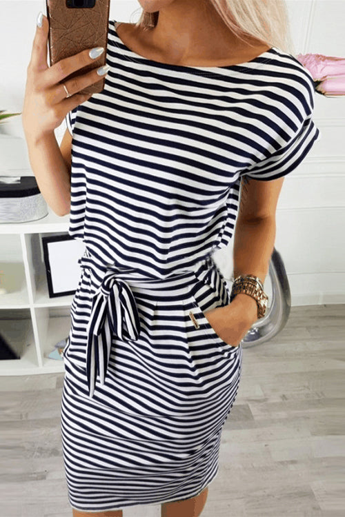 Boat Neck Short Sleeve Belted Tie Waist Patch Pocket Knit Midi Dress