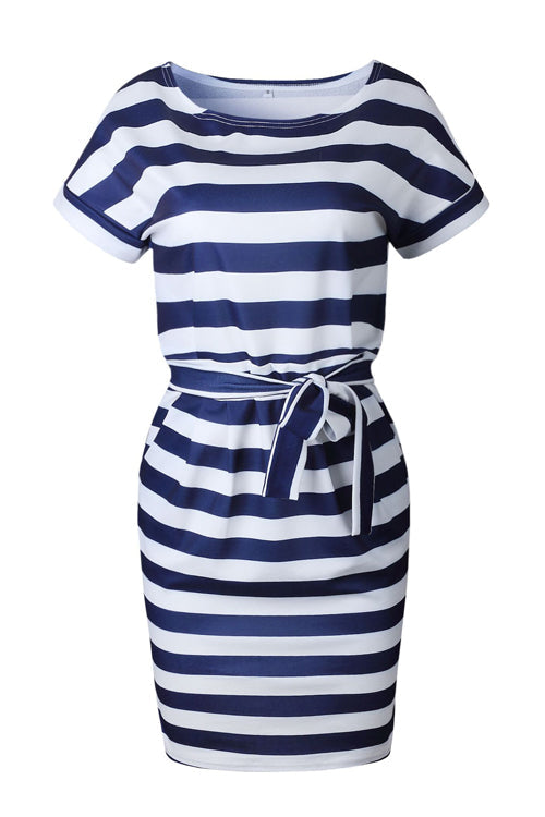 Boat Neck Short Sleeve Belted Tie Waist Patch Pocket Knit Midi Dress