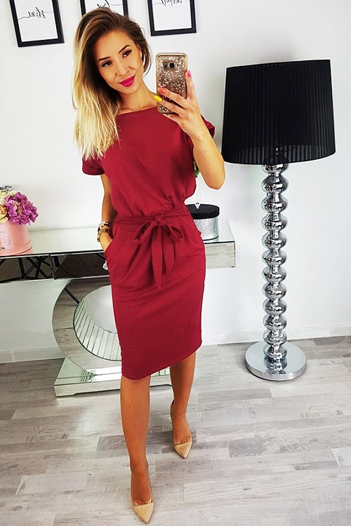 Boat Neck Short Sleeve Belted Tie Waist Patch Pocket Knit Midi Dress