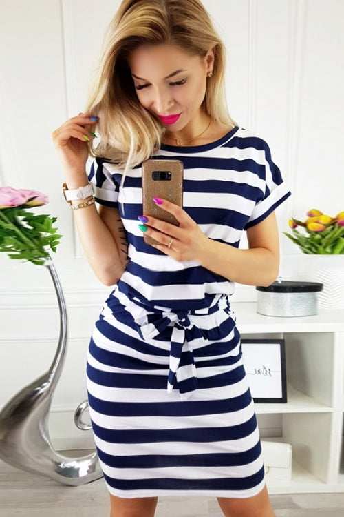 Boat Neck Short Sleeve Belted Tie Waist Patch Pocket Knit Midi Dress