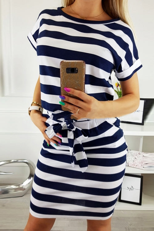 Boat Neck Short Sleeve Belted Tie Waist Patch Pocket Knit Midi Dress