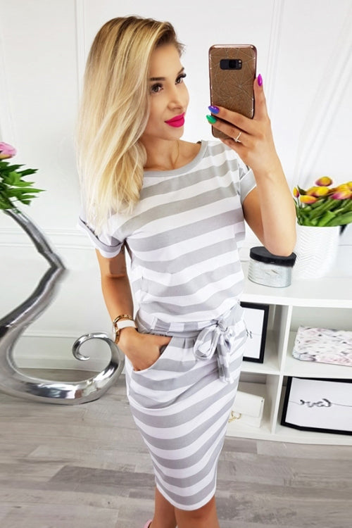 Boat Neck Short Sleeve Belted Tie Waist Patch Pocket Knit Midi Dress