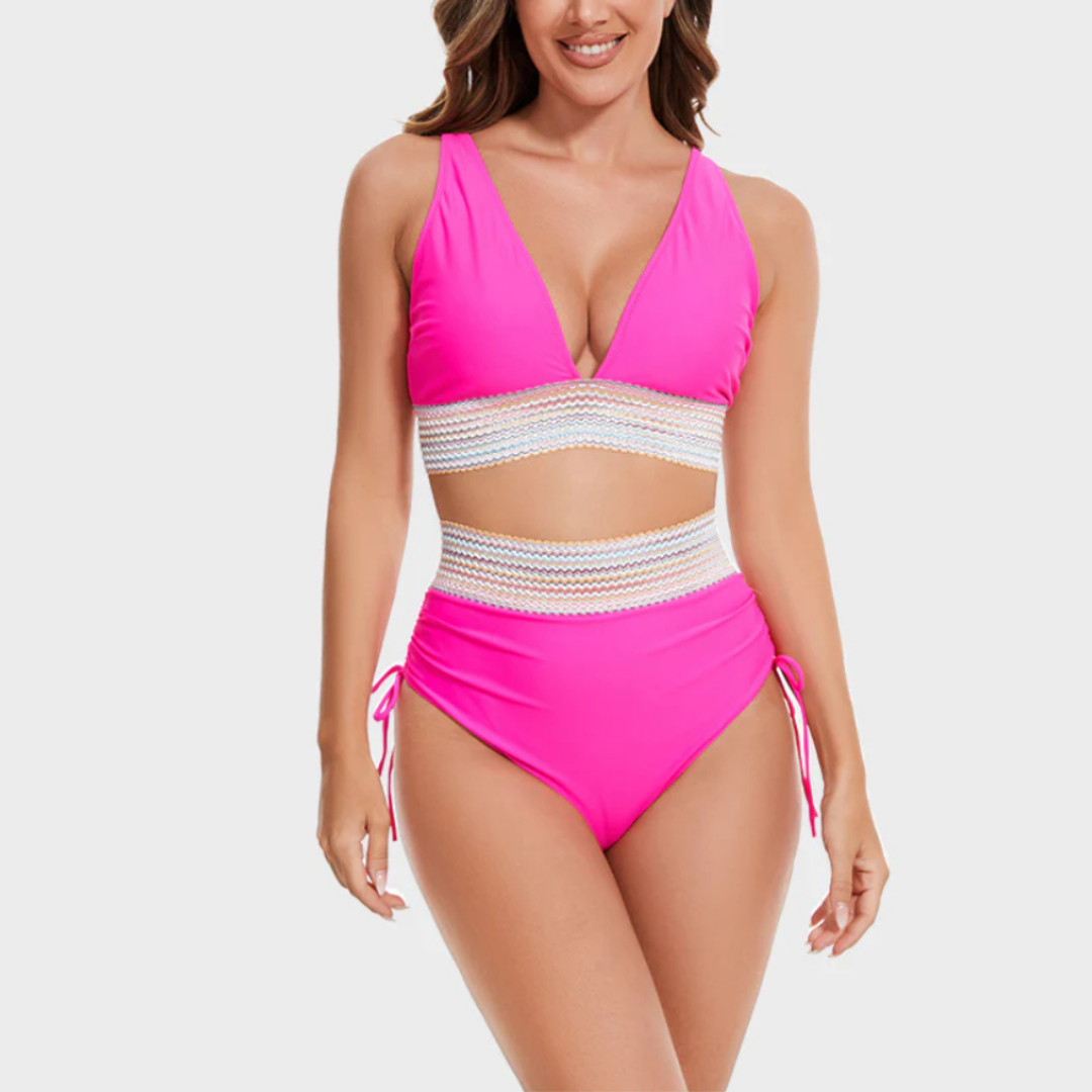 Triangle Top Ruched Chevron Trim High Waist Bikini Set