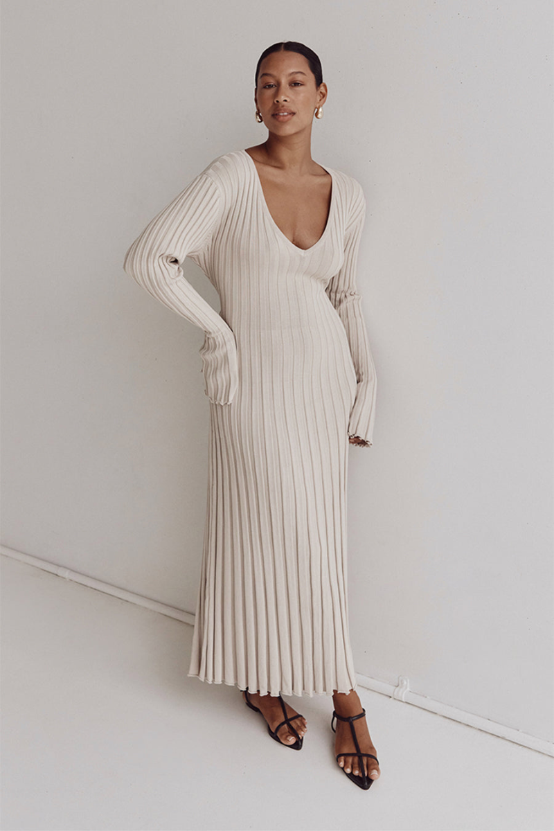 Premium Rita Midi Dress with V Neck and Knitted Sleeves Chic Silhouette Collection