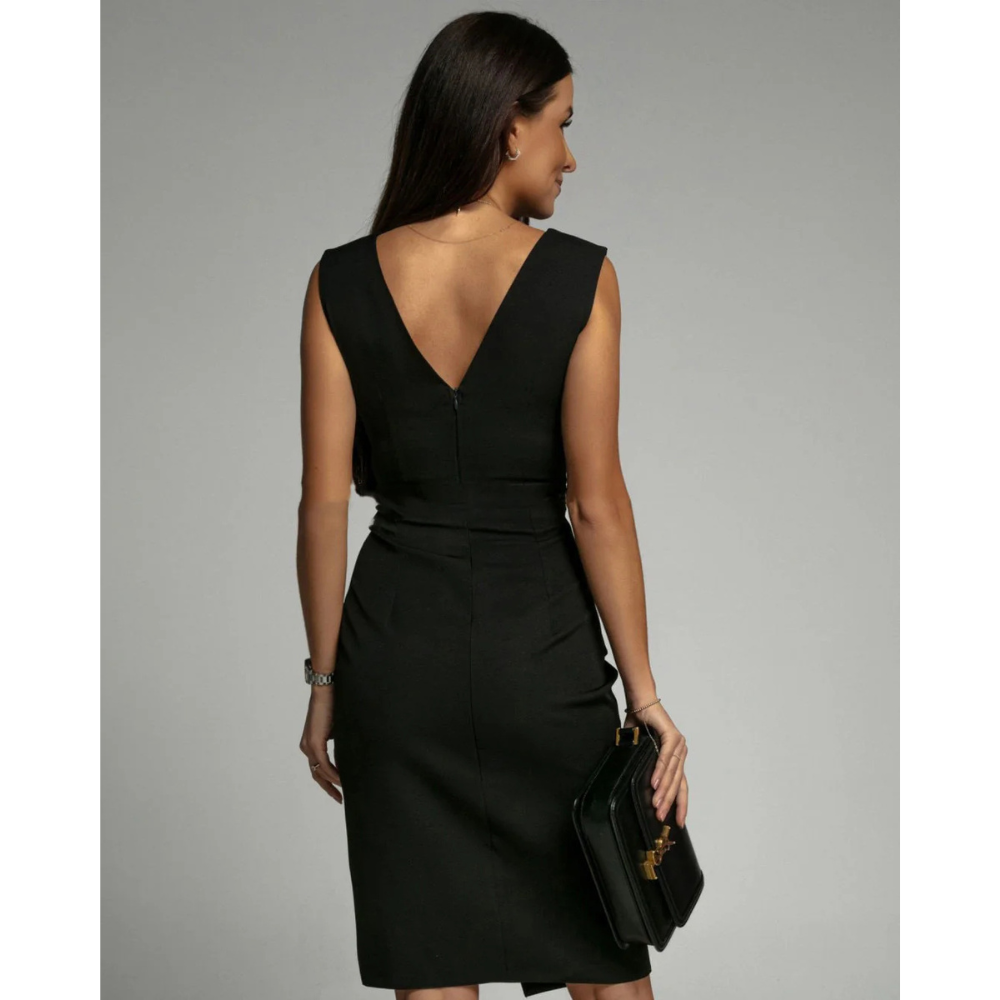 Deep V-Neck Pleated Shoulder Wrap Ruched Tulip Hem Cocktail Midi Dress