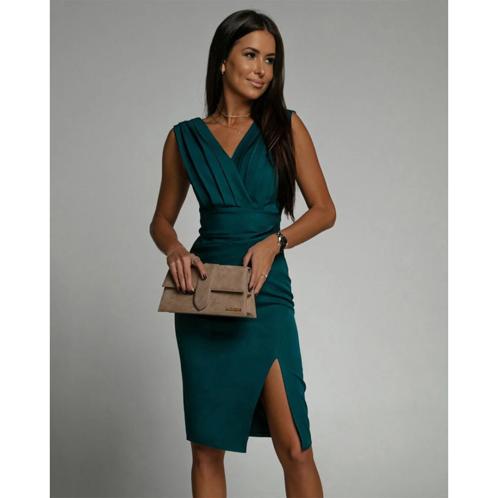 Deep V-Neck Pleated Shoulder Wrap Ruched Tulip Hem Cocktail Midi Dress