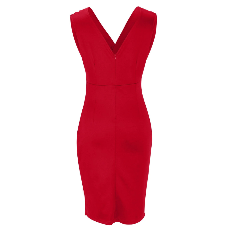 Deep V-Neck Pleated Shoulder Wrap Ruched Tulip Hem Cocktail Midi Dress