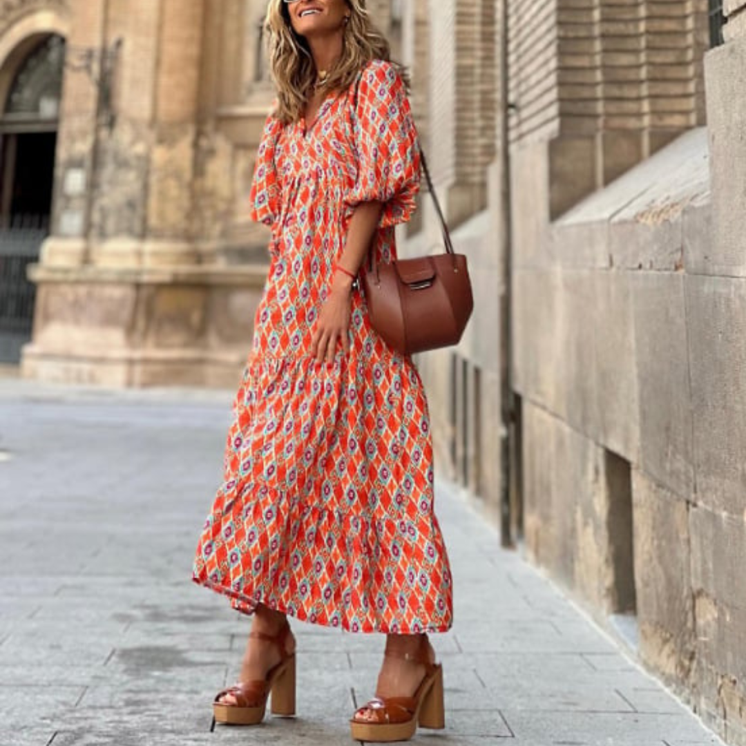 V-Neck Puff Sleeve Tiered Maxi Dress Boho 18