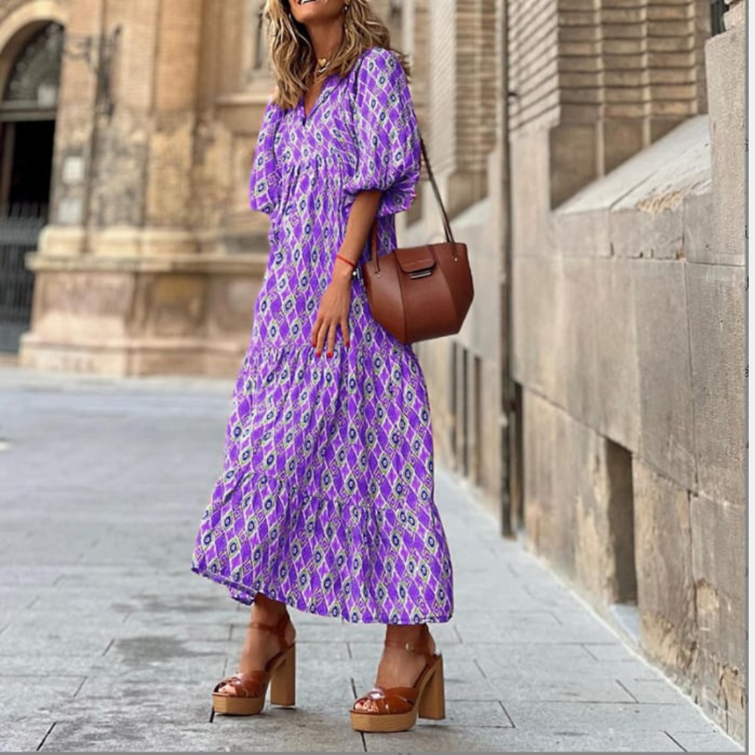 V-Neck Puff Sleeve Tiered Maxi Dress Boho 20