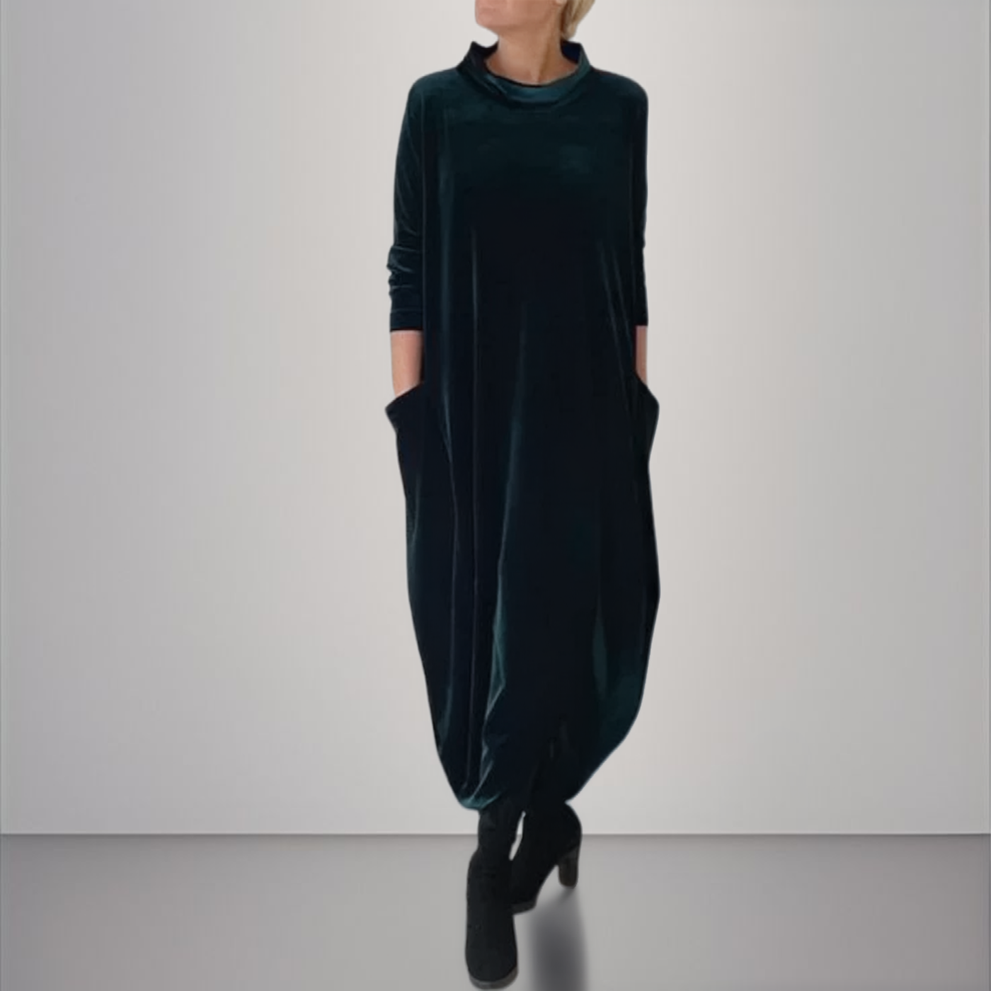 Velvet High Neck Long Sleeve Pocket Cocoon Maxi Dress