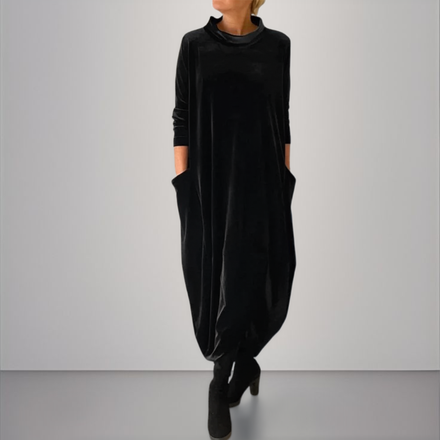 Velvet High Neck Long Sleeve Pocket Cocoon Maxi Dress 4