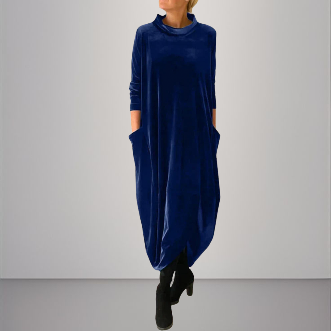 Velvet High Neck Long Sleeve Pocket Cocoon Maxi Dress 3