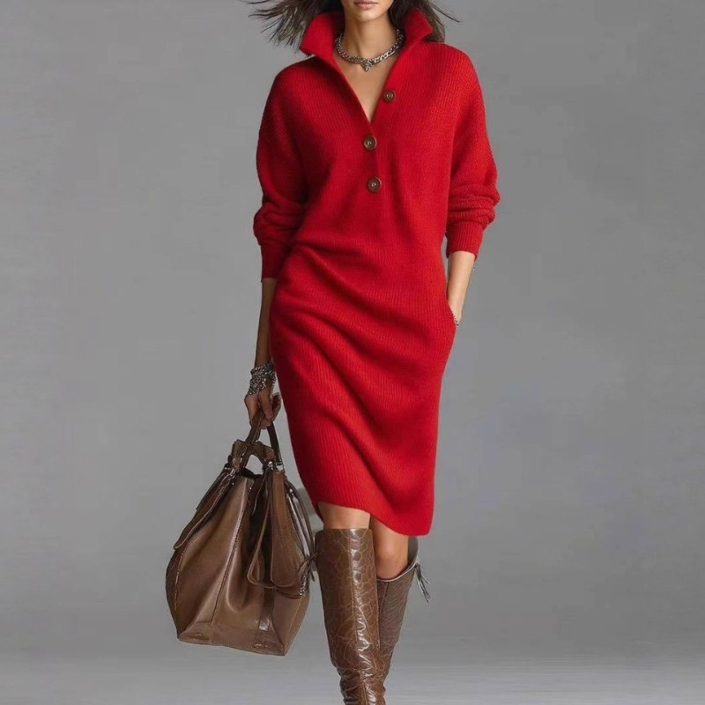 Knit High Neck Long Sleeve Button Shift Midi Dress 7
