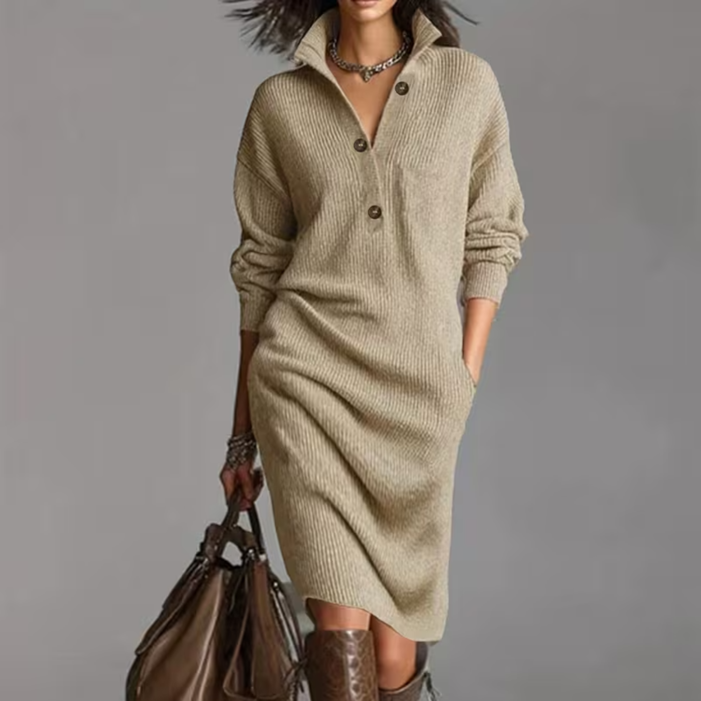 Knit High Neck Long Sleeve Button Shift Midi Dress 9