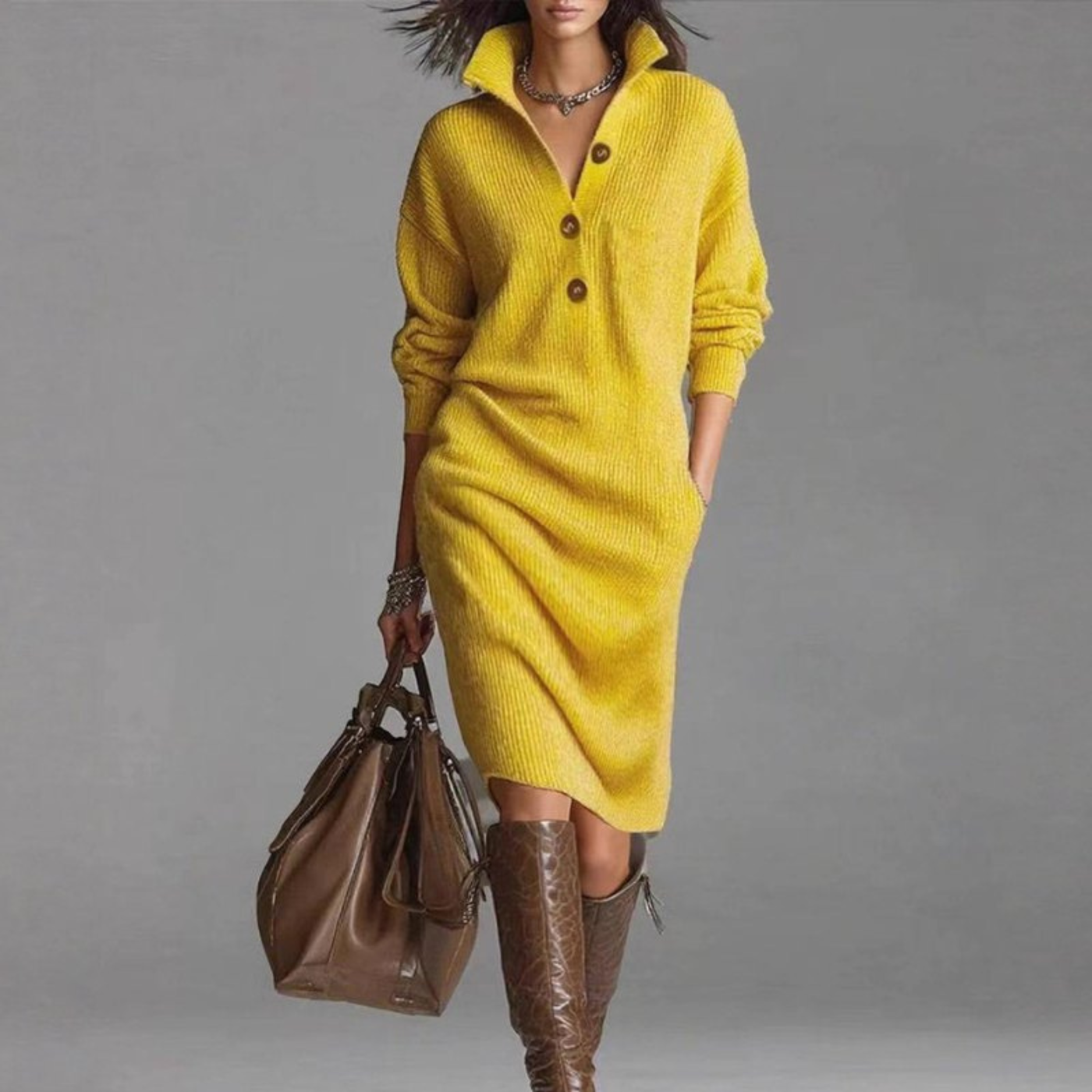 Knit High Neck Long Sleeve Button Shift Midi Dress 14