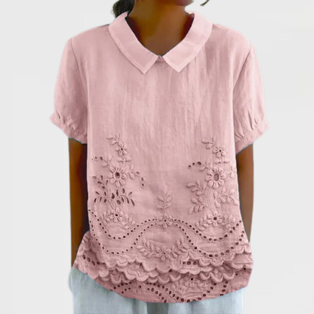Peter Pan Collar Short Sleeve Eyelet Embroidered Blouse