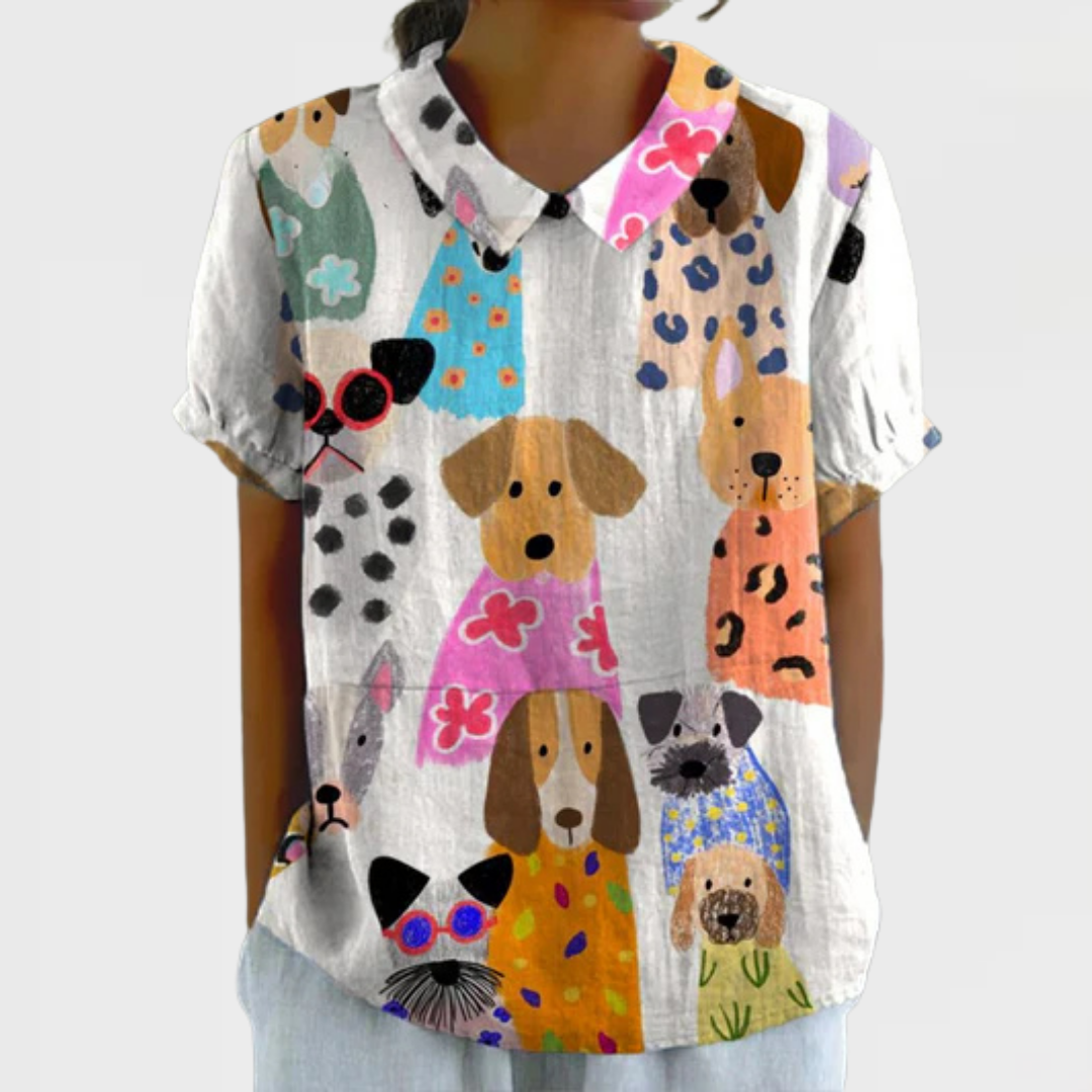 Dog Print Collared Short Sleeve Button Front Blouse