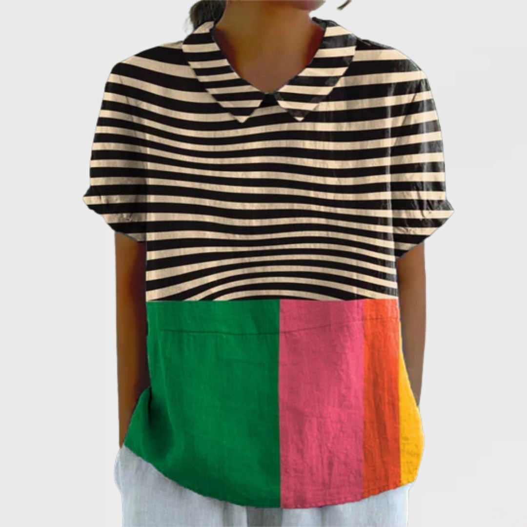 Striped Collared Short Sleeve Colorblock Hem Top