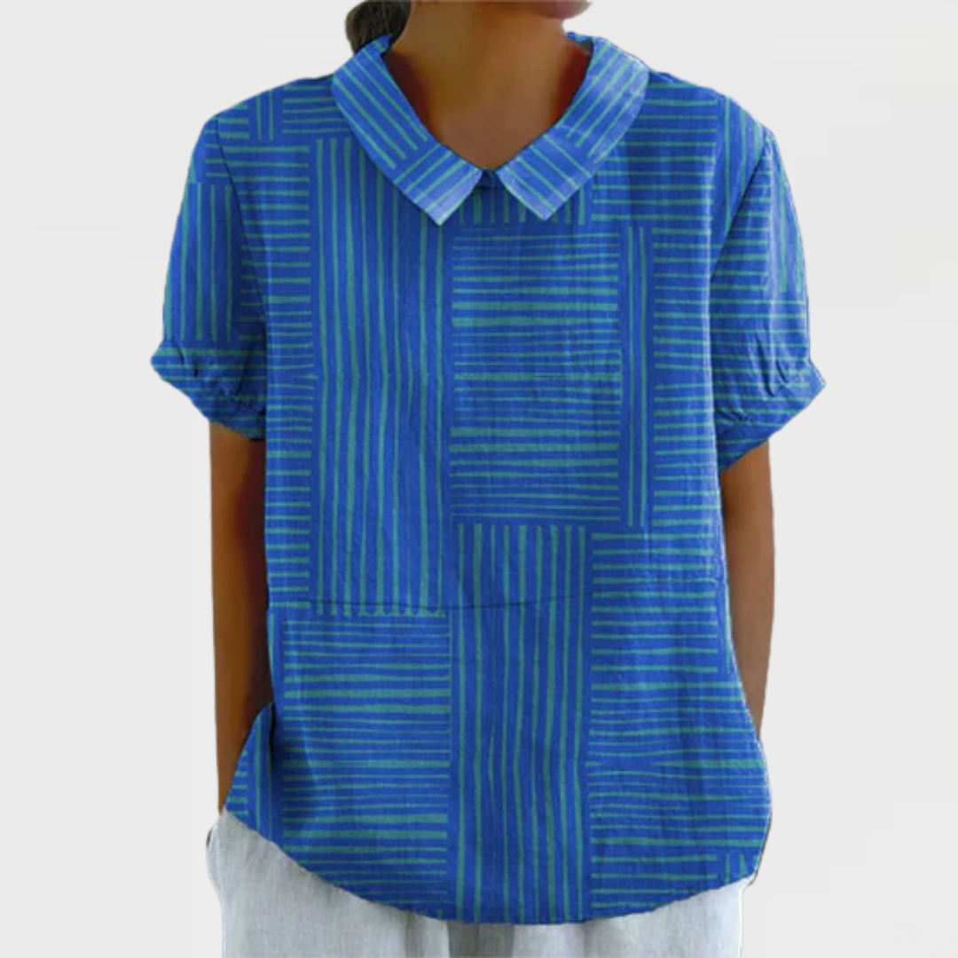 Collared Short Sleeve Geometric Stripe Blouse