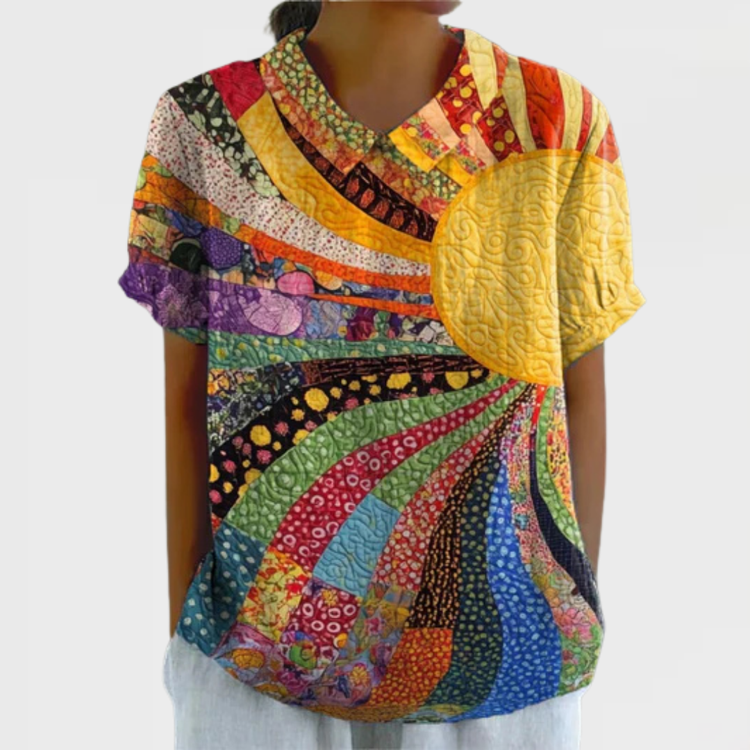 Patchwork Sunburst Print V-Neck Short Sleeve Blouse