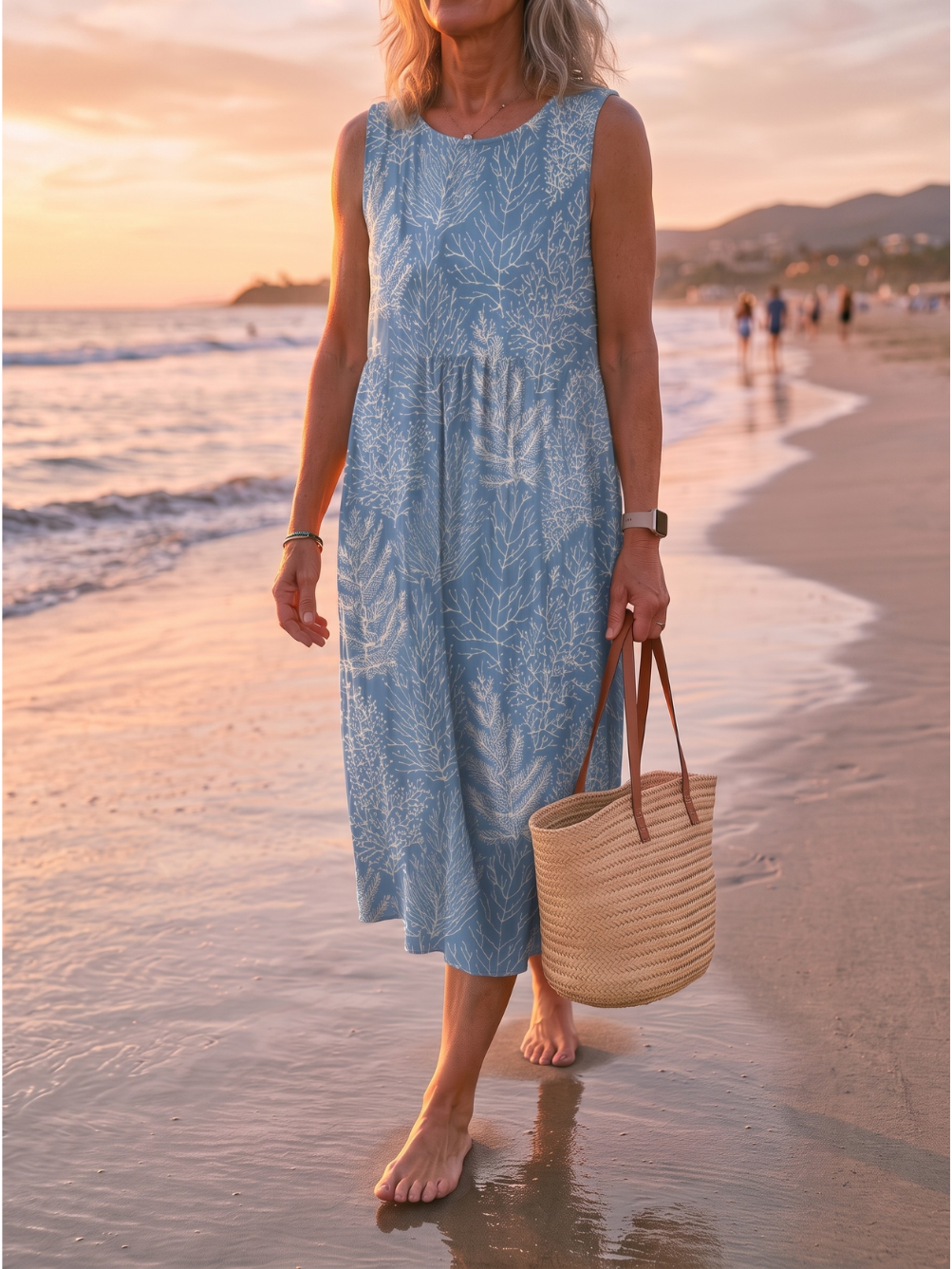 Botanical Leaf Print Round Neck Sleeveless Midi Dress