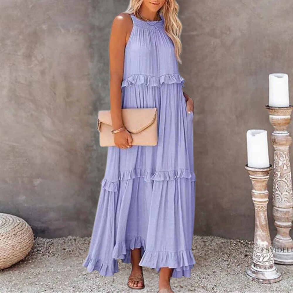 Halter Neck Sleeveless Tiered Ruffle Flowy Maxi Summer Dress