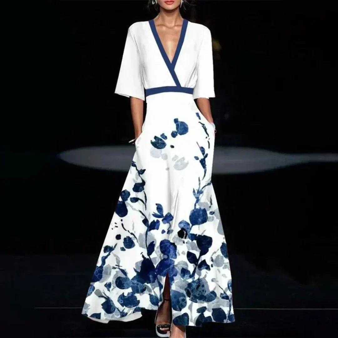 Ruby | Belted V-Neck Floral Maxi Dress Blue