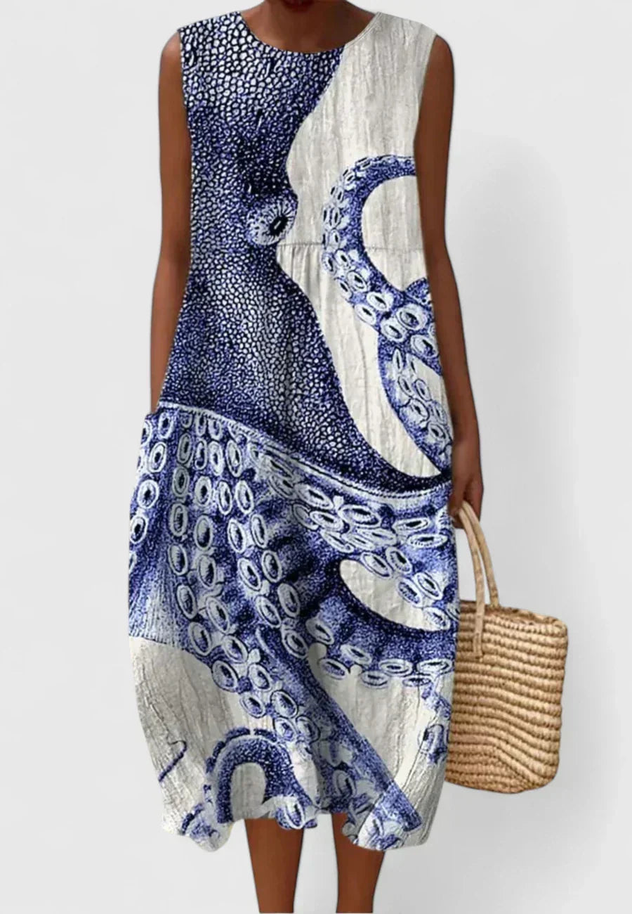 Octopus Print Sleeveless Midi Dress