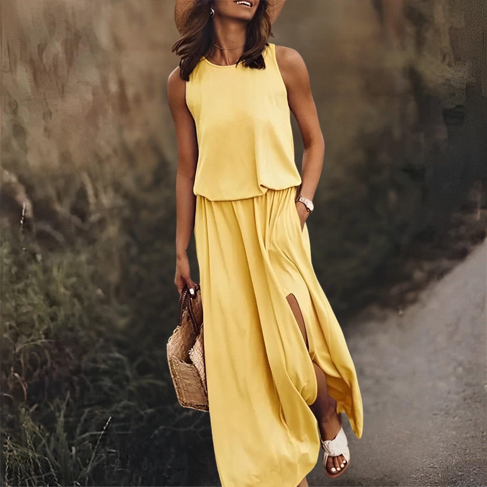Satin Crew Neck Sleeveless High Split Maxi Summer Dress