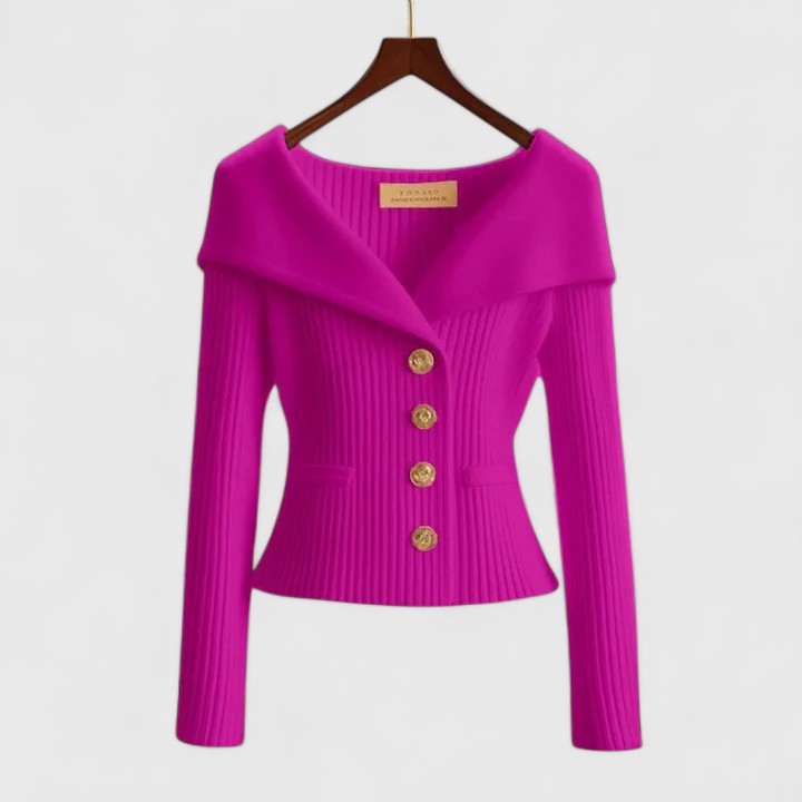 Portrait Collar Button Front Ribbed Knit Sweater