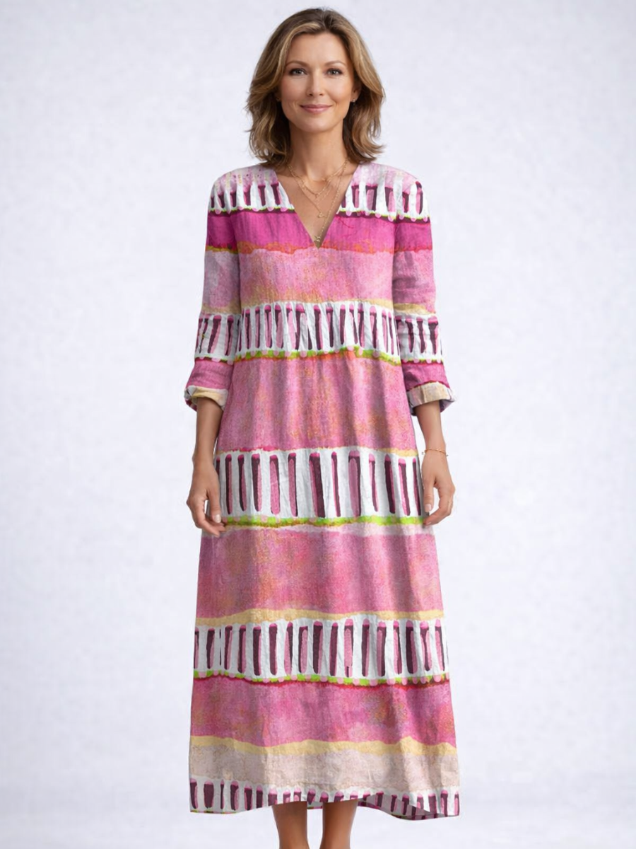 Abstract Stripe V-Neck Long Sleeve Linen Look Maxi Dress