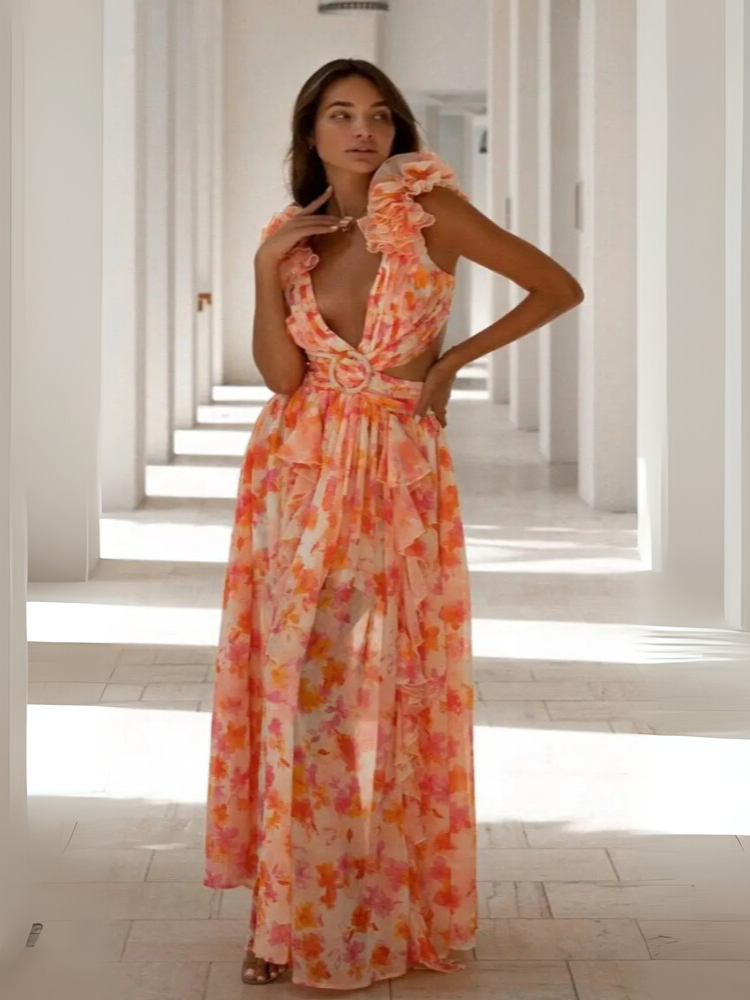 Lexi - Elegant Backless Ruffles Maxi Dress Orange