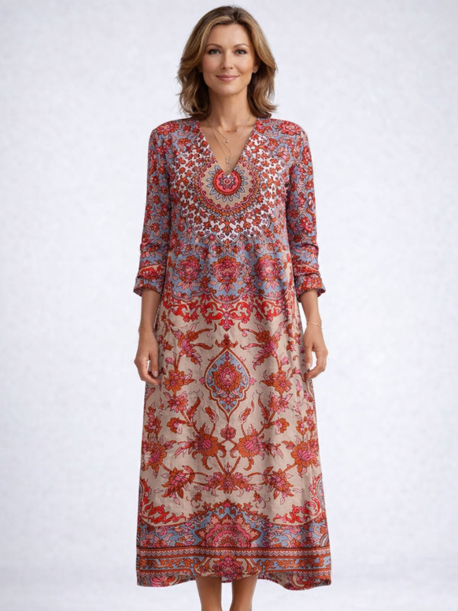 Paisley Print V-Neck A-Line Midi Dress
