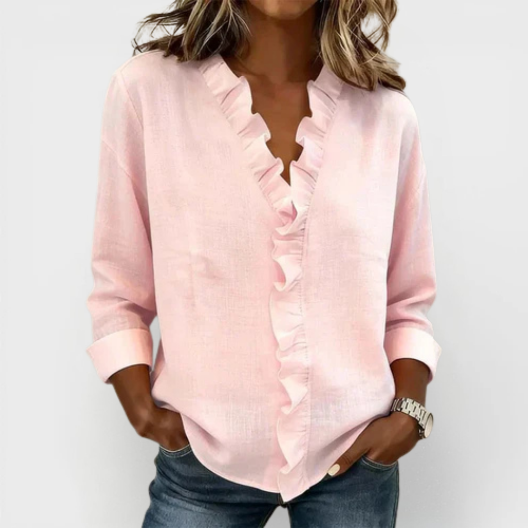 Ruffle Placket V-Neck Long Sleeve Blouse