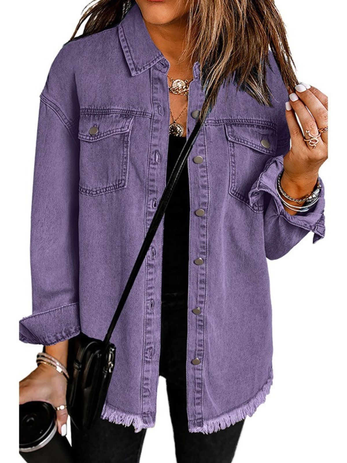Button Front Chest Pocket Frayed Hem Denim Shirt Jacket