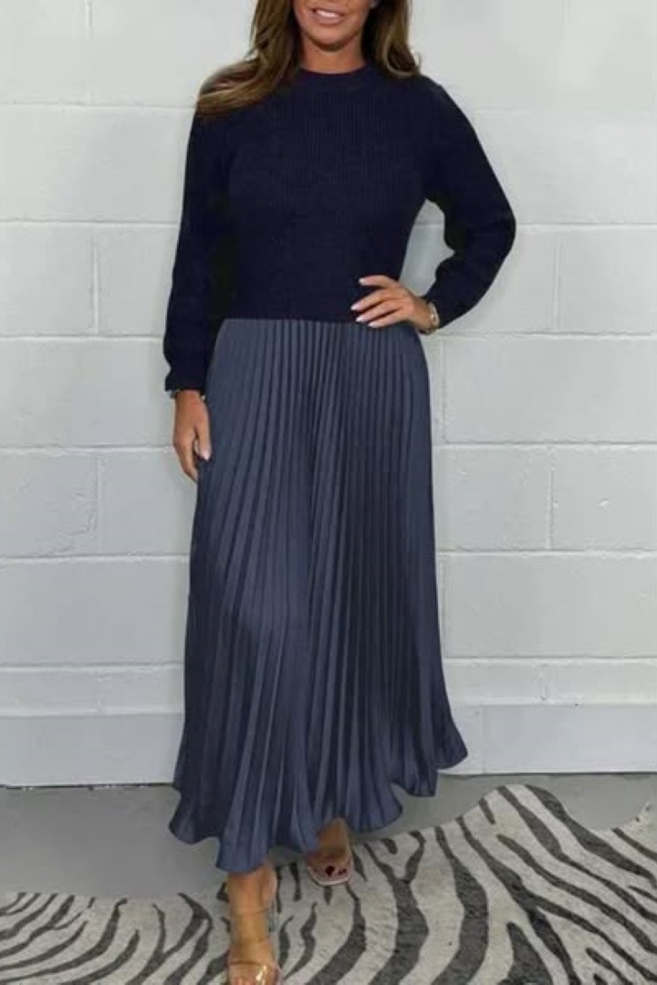 Crew Neck Long Sleeve Ribbed Knit Top Pleated Maxi Dress