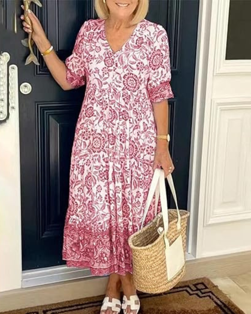 Floral V-Neck Short Sleeve Tiered Maxi Dress