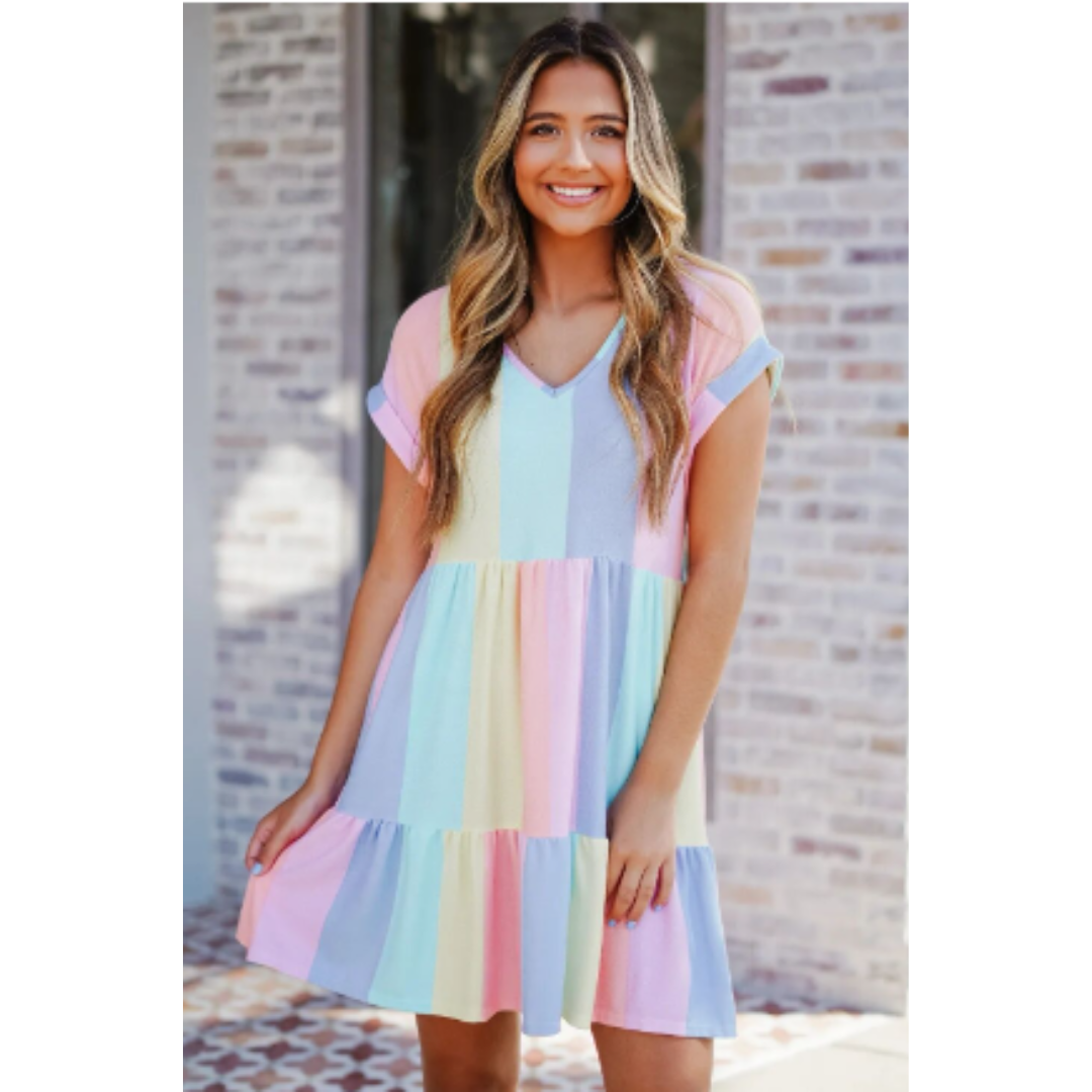 Vertical Stripe Short Sleeve V-Neck Tiered Ruffle Babydoll Mini Dress