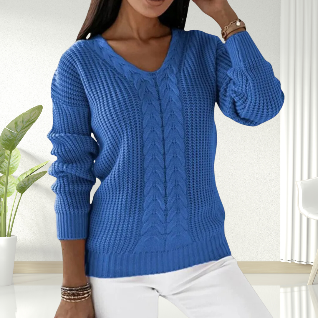 V-Neck Long Sleeve Cable Knit Sweater