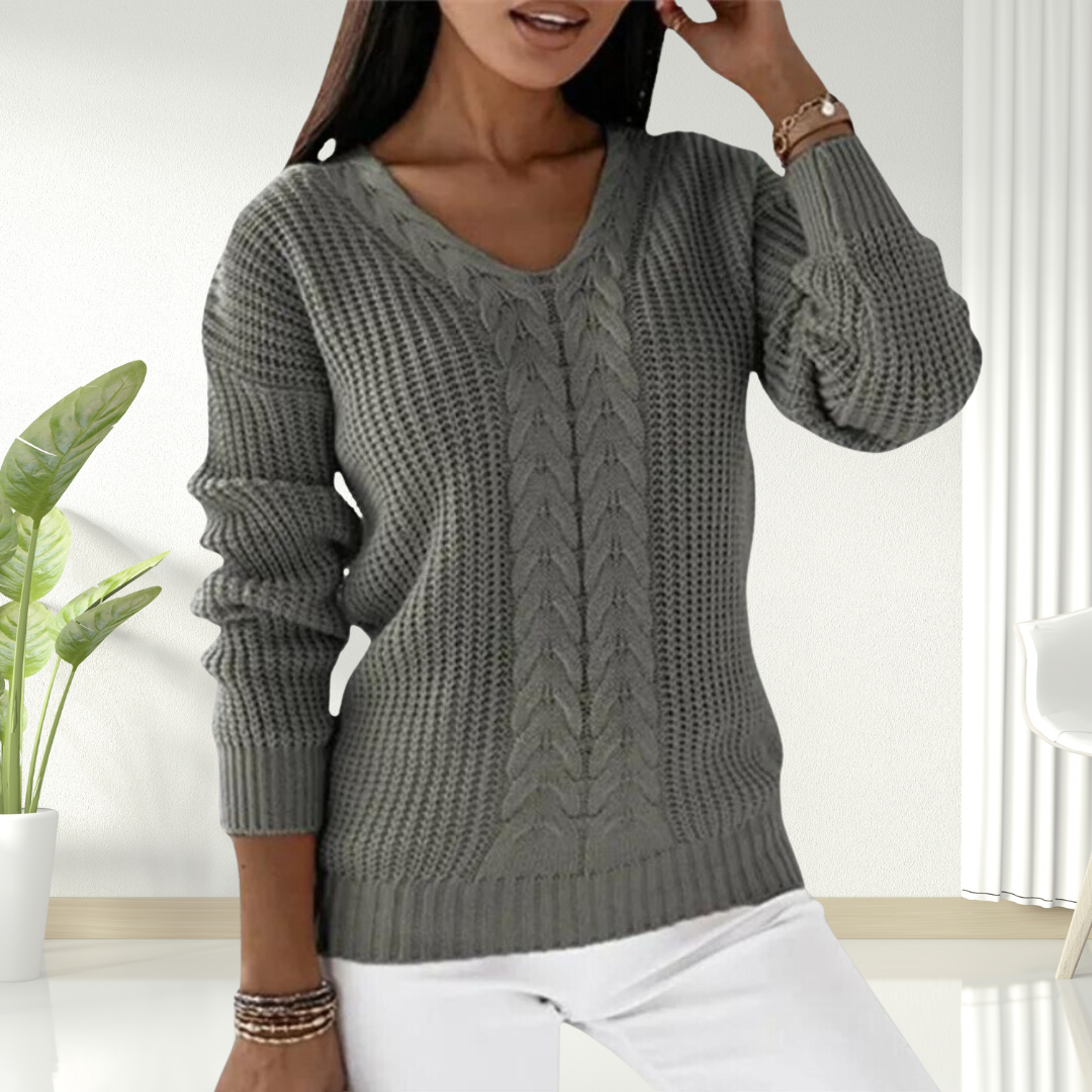 V-Neck Long Sleeve Cable Knit Sweater